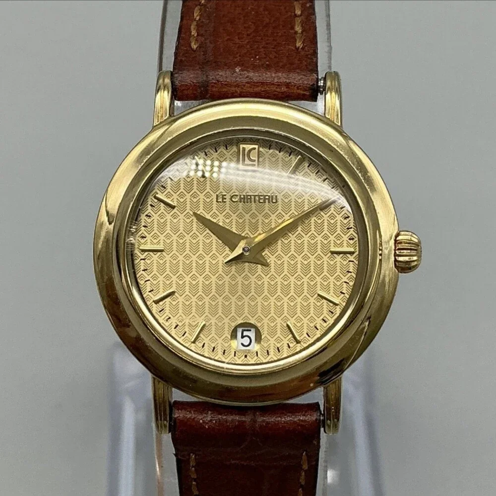 Le Chateau 2201L Womens Watch 24mm Gold Tone Brown Leather Date New Battery